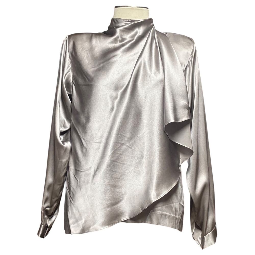 Cathy Hardwick 100% Silk Long Sleeve Button Tie High Neckline Gray Tan Taupe 8